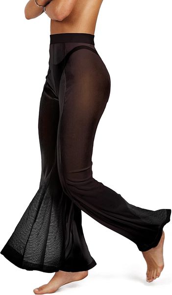 

sofsy tropical mesh pants high cut bikini swimsuit cover up for women - see through beach coverup sheer pant, Red;black