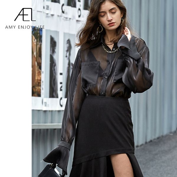 

women s blouses shirts ael black organza blouse long sleeve retro women elegant loose womens and fashion female clothe 230303, White