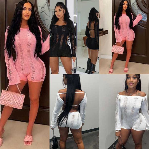 

new arrivals women clothes jumpsuits one-shoulder bodysuits hollow hole open back knitted wrapped hip slim shorts rompers, Black;white
