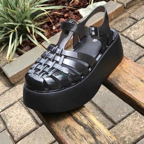 

melissa luxury designer women sandals jelly transparent clear roman sandal rubber thick soled hollow platform summer shoes ladies casual hei, Black