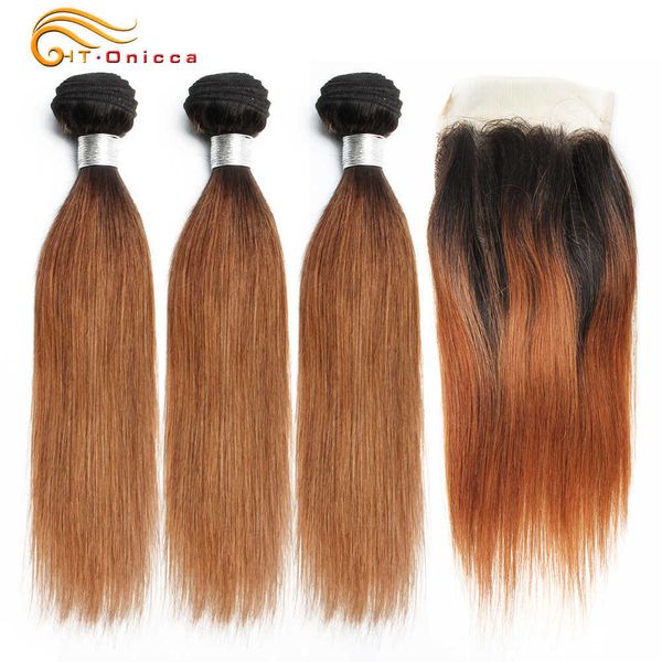 

wig caps 70gpc blonde bundles with closure 1b 30 brazilian straight hair bundles with closure ombre human hair 3 bundle with closure, Black;brown
