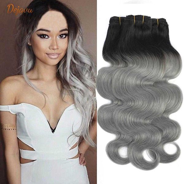 

wig caps dejavu ombre brazilian hair 1b grey body wave remy bond hair bundles 100 ombre human hair dark roots gray hair 1024 inches, Black;brown
