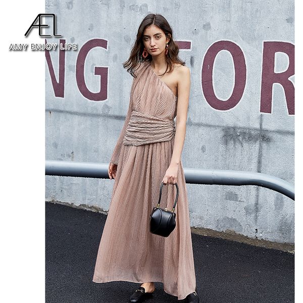

casual dresses ale chiffon one shoulder dark pink dres sleeveless pleated asymmetrical long female elegant party 230303, Black;gray