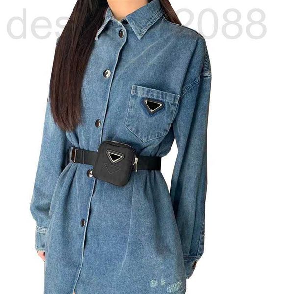 

street style dresses designer casual denim shirt dress waist bag decoration belt buckle long sleeve triangle label skirts for women streetwe, Black;pink