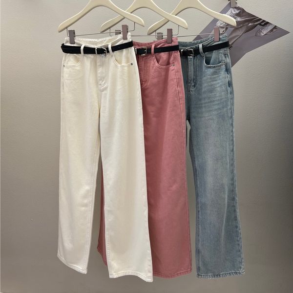 

boyfriend jeans loose and versatile wide leg pants with belt, Blue