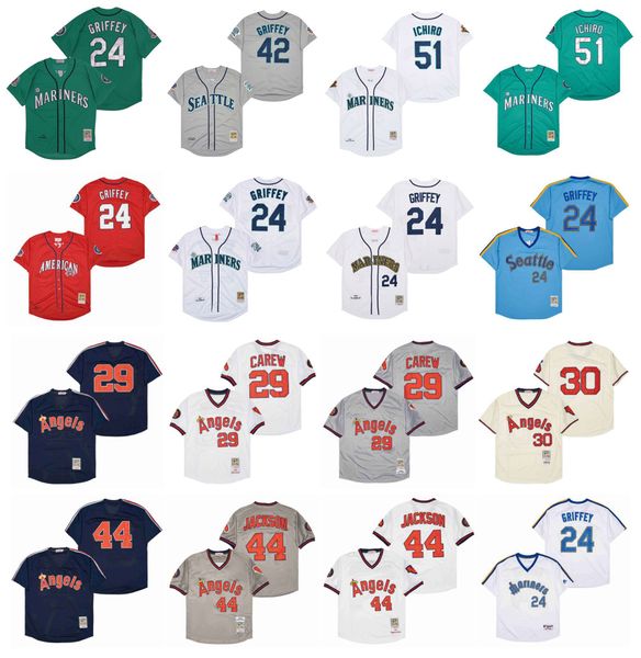 

mitchell and ness throwback angels 29 rod carew baseball jersey 30 nolan ryan mariners 24 ken griffey 51 ichiro suzuki 44 reggie jackson, Blue;black