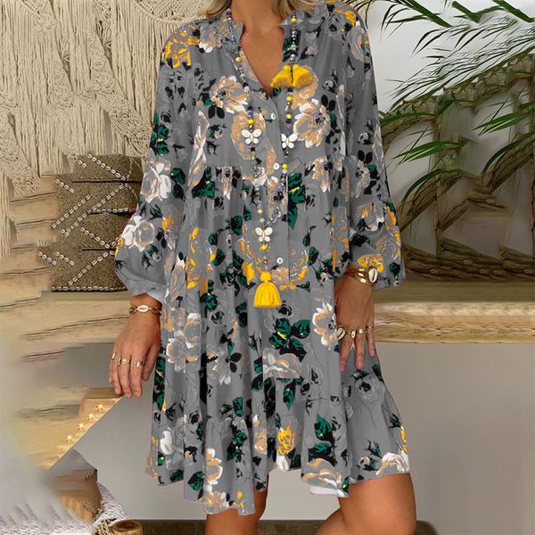 

casual dresses plus size dress women fashion buttons v neck long sleeve summer loose floral print short mini beach4flx, Black;gray