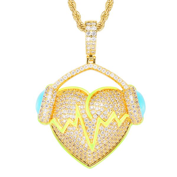 

gold silver colors mens bling hiphop jewelry bling cz headphone heart pendant necklace for men women with cuban chain