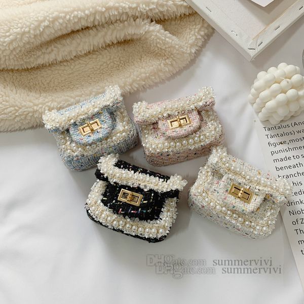 

girls beaded handbags kids metals buckle chain single shoulder bag lady style children messenger square bags fashion mini purse z0609, Black