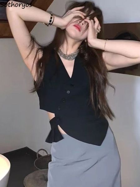 

women s jackets vest asymmetrical casual design vintage slim bf crop hipster streetwear v neck summer all match personality 230303, Black;brown