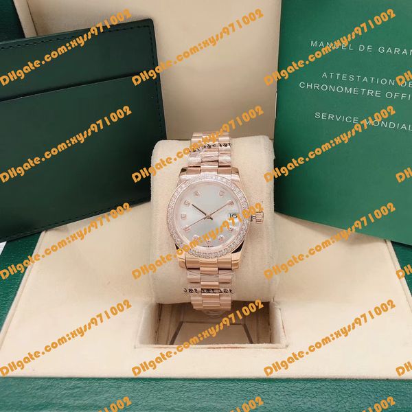

sell-well women's watch 278285rbr 278285 31mm silver dial diamond bezel stainless steel dual color rose gold strap 2813 movement annive, Slivery;brown