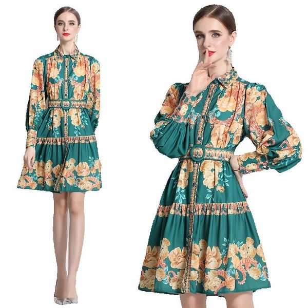 

lantern sleeve party floral mini dress women designer 2023 vintage lapel green paisley print dresses with belt holiday ballgown ladies offic, Black;gray