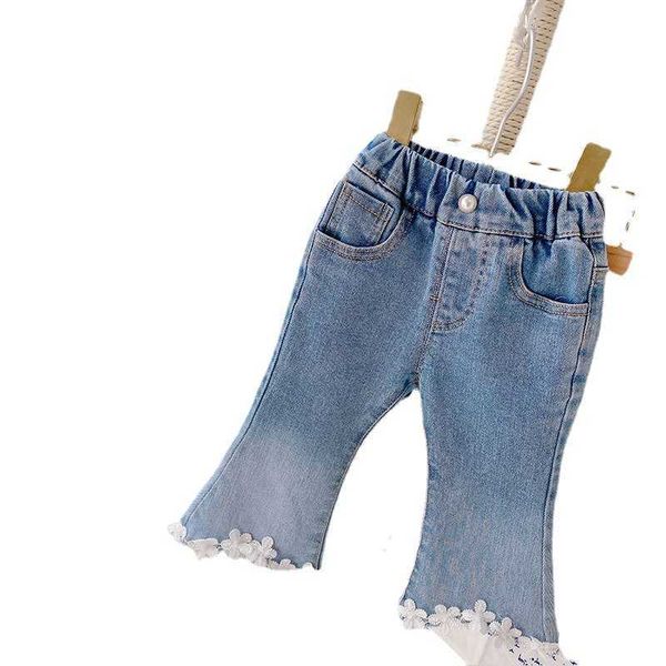 

girls' fade color floret jeans floret spring and autumn 2023 new korean chil1en's flared pants chil1en's trousers, Blue