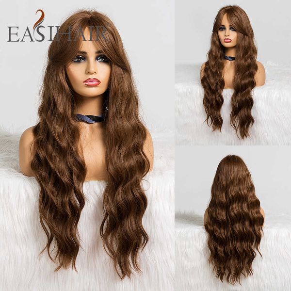 

synthetic wigs easihair long brown body wavy synthetic wigs with bangs high density for women cosplay heat resistant hair wig 230227, Black