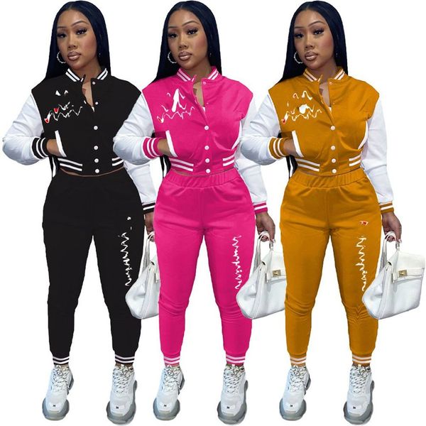 

q6069 autumn embroidery print tracksuits for women 2022 long sleeve cardigan button and sports pants baseball uniform 2 piece sets, Gray