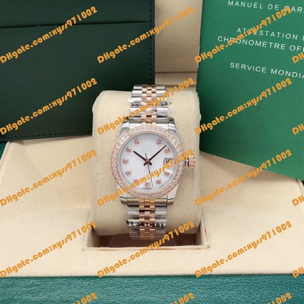 

selling quality women's watch asia 2813 automatic watch 278381 31mm white dial diamond ring 18k rose gold 316 stainless steel strap fol, Slivery;brown