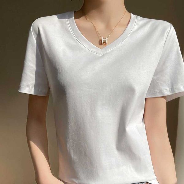 

t-shirt summer mulberry silk double-sided 80 mercerized cotton women's slim v-neck shoulder short sleeve simple style top, White