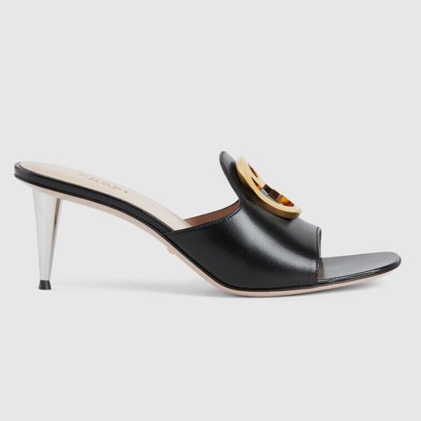 

2023 g blondie luxury sandals designer women flip flops slipper fashion genuine leather slides metal chain ladies casual shoes with box 32, Black