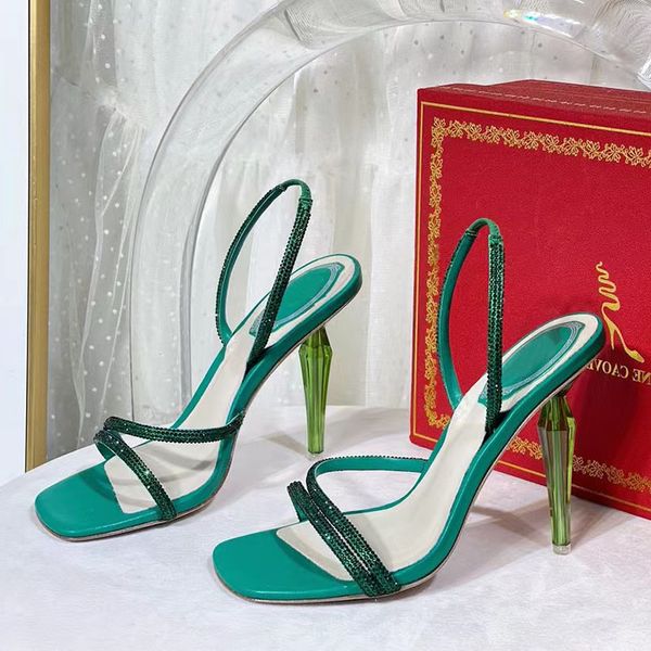 

rene caovilla diamond crystal emerald green sandal 105mm luxury designer lady crystal-encrusted toe strap stiletto heel rhinestone party eve, Black