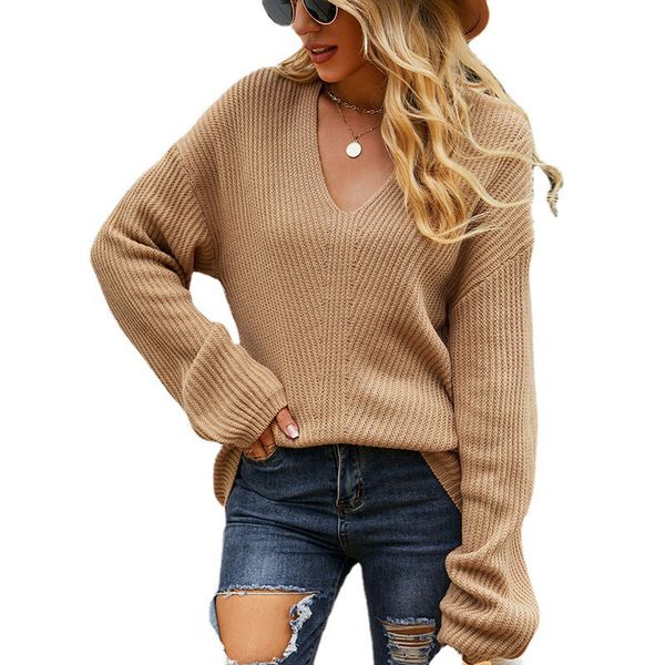 

v neck pullover women's sweaters short lady undercoat basic acrylic knits blouse with loose loose long sleeves solid color autumn wint, White;black