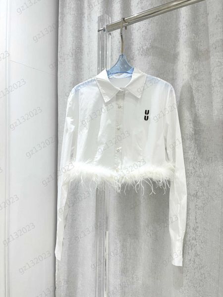 

brand blouse shirts letters embroidery pearl button open long sleeve shirt hemline splicing feathers luxury personalized design sense blou, White