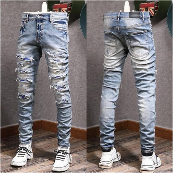 

designer patches detail biker fit mens jeans men slim motorcycle for fashion mens vintage distressed denim jean pants, Blue