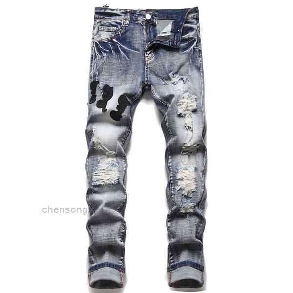 

ammmmens hiking pant ripped hip hop high street brand pantalones vaqueros para hombre motorcycle embroidery close fitting vchv, Blue