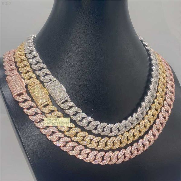 

pass diamond tester 12mm two row luxury shining jewelry iced out vvs1 moissanite cuban link chain necklace, Silver