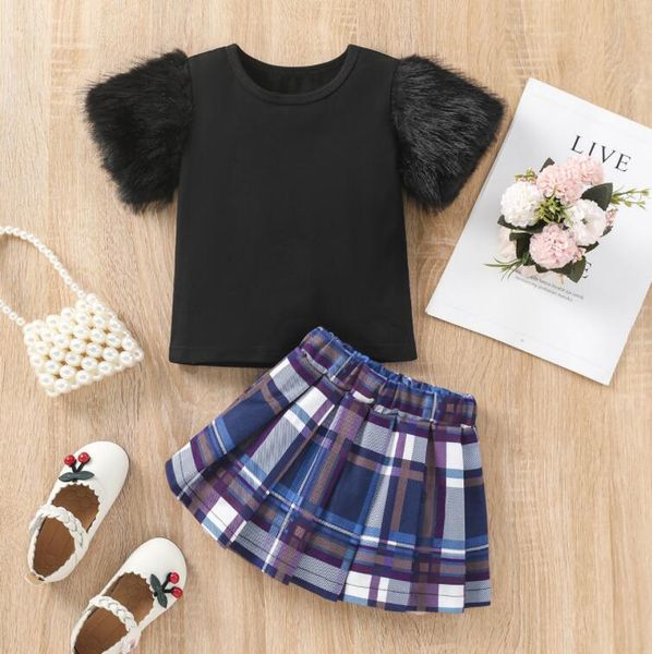 

toddler baby kid girl clothes set black hair sleeve short sleeve plaid pleated skirt children girls costumes summer, White