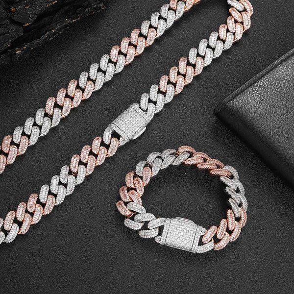 

wg142 15mm icy cuban chain diamond two tone pink hip hop link necklace bracelet collares para hombres, Silver