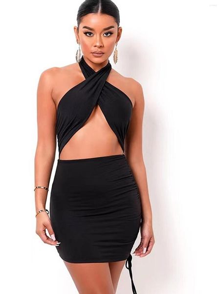 

Casual Dresses Cut Out Halter Dress Sleeveless Solid Backless Summer Bodycon Women's Clothing, Black
