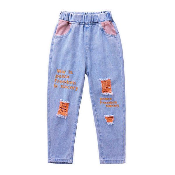 

girls' jeans 2023 spring and autumn new korean chil1en's fashionable perforated pants medium and large chil1en's loose pants, Blue
