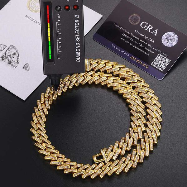 

14mm 14k 18k yellow gold plated 925 sterling silver vvs baguette moissanite diamond iced out cuban link chain necklace