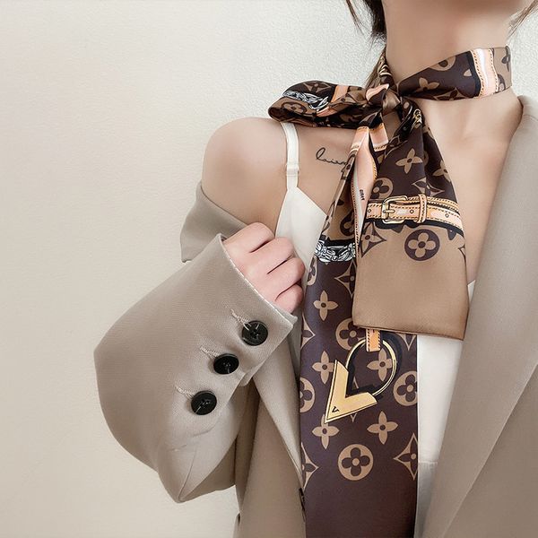 

simple letters print flower imitate silk scarf headband for women fashion long handle bag scarves paris shoulder tote luggage ribbon head wr, Blue;gray