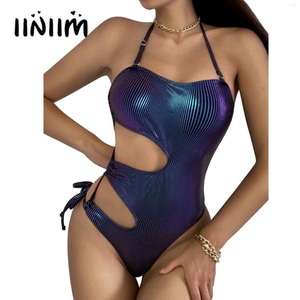 

women's swimwear womens metallic shiny striped cutout bodysuit backless playsuit adjustable halter neck one-piece monokini swimsuit, White;black