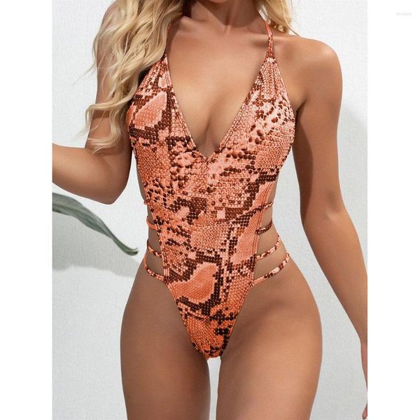 

women's swimwear one-piece swimsuit snake pattern bikini halter beach bathing suits push up vintage bodysui, White;black