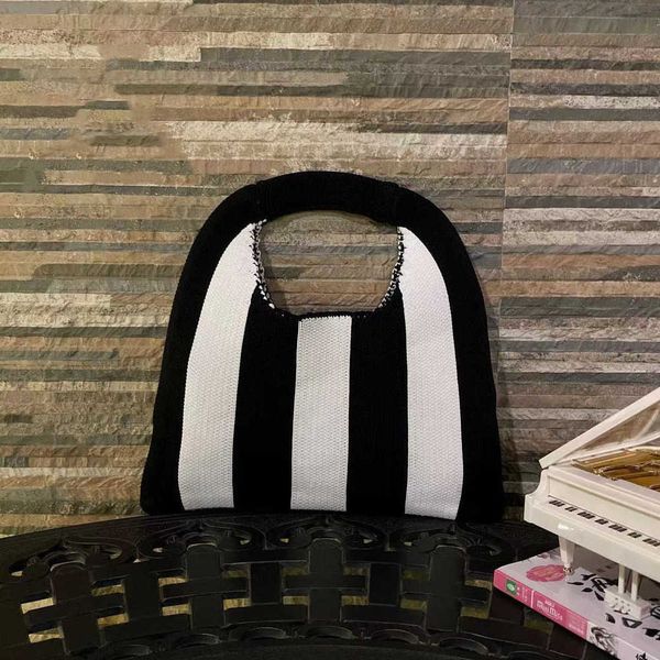 

women's knitted vest bag female tote bags black and white shopping bag weave shoulder messenger bags handbag stripe beach bag 230304