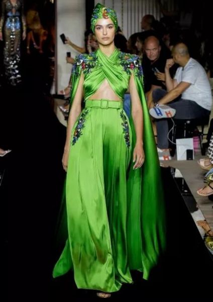 

zuhair murad evening dress green long sleeve with pearl waist long dress, Black;pink