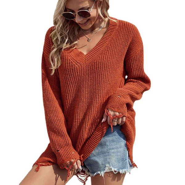 

v neck pullover women's sweaters short lady basic knits blouse with loose regular long sleeves torn fringe solid color autumn winter, White;black