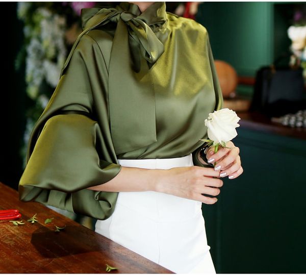 

women s blouses shirts vintage bow collar ol lantern sleeve blouse elegant pearly cufflink sl105 230303, White