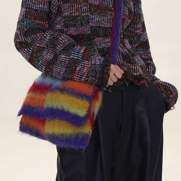 

new wool knitted shoulder shopping bag women vintage fashion cotton cloth girls tote shopper bag rainbow stripe female handbag 230304