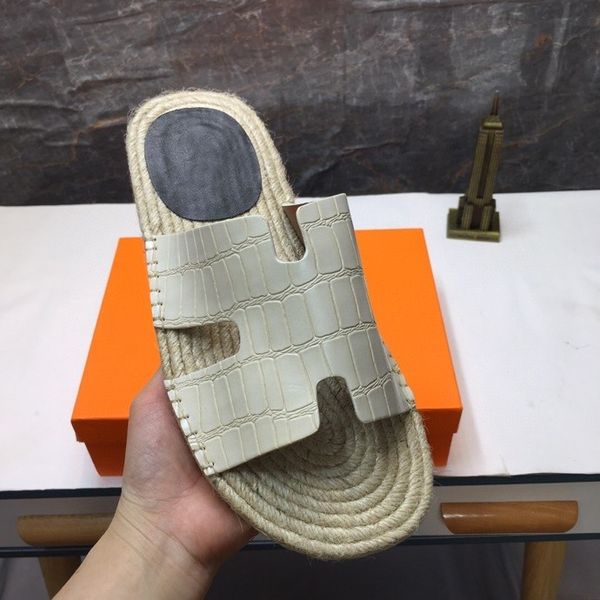 

5a brand designer slippers men's fashion antigua straw sandals oran cow leather slippers flip flops woven straw sandals size 38-46, Black