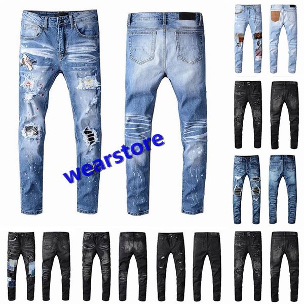 

mens cool rips stretch designer jeans distressed ripped biker slim fit washed motorcycle denim men s hip hop jean fashion man pant266b, Blue