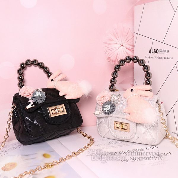 

easter children pearls chain handbags girls stereo rabbit flowers applique crossbody bag kids cute bunny one shoulder bags z0607, Black