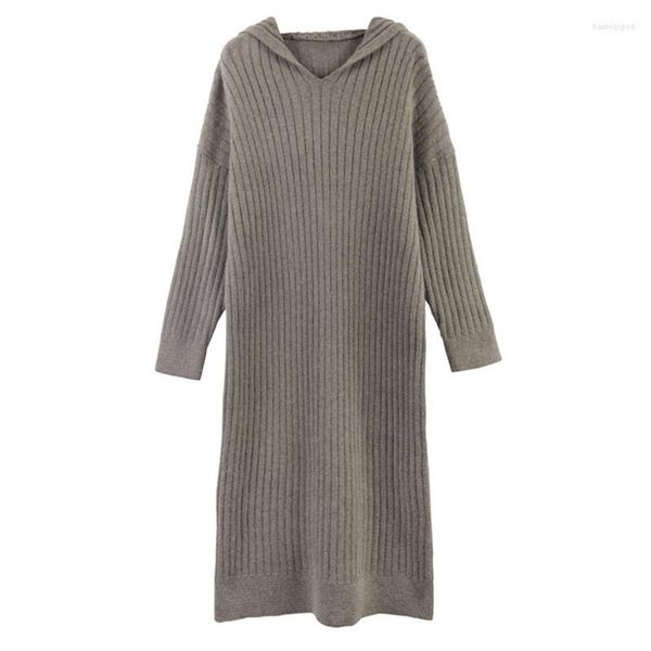 

casual dresses women knitted dress autumn winter mid-length pullover hooded sweater loose and thick outerwearrchg, Black;gray