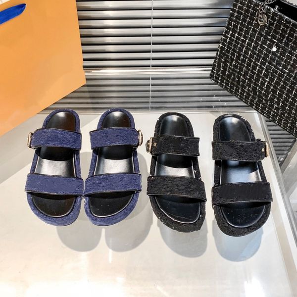 

new designer women sandals slingback platform perfect denim embroidery match summer beach buckle strap soft chunky heel sports shoes woman f, Black