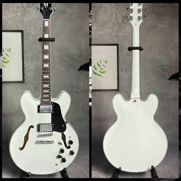 

custom semi hollow body white electric guitar black pickguard chrome hardware
