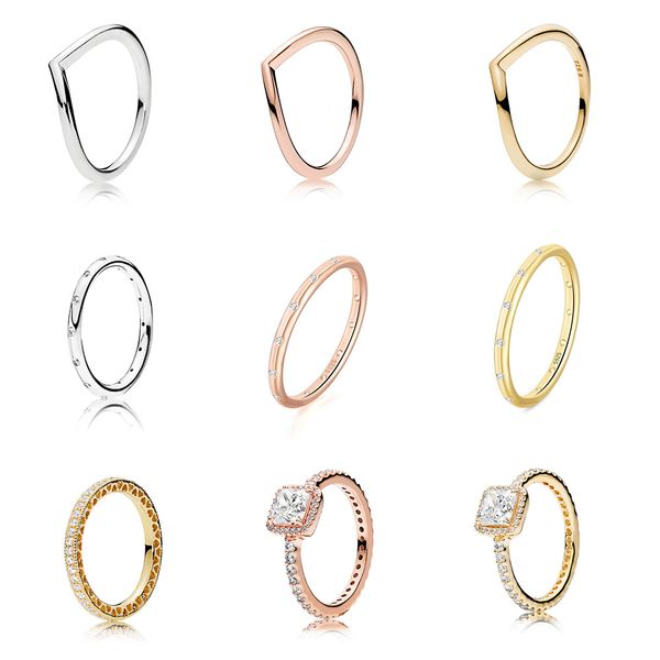 

925 silver women fit pandora ring original heart crown fashion rings rose gold heart round crystal square cz finger, Slivery;golden