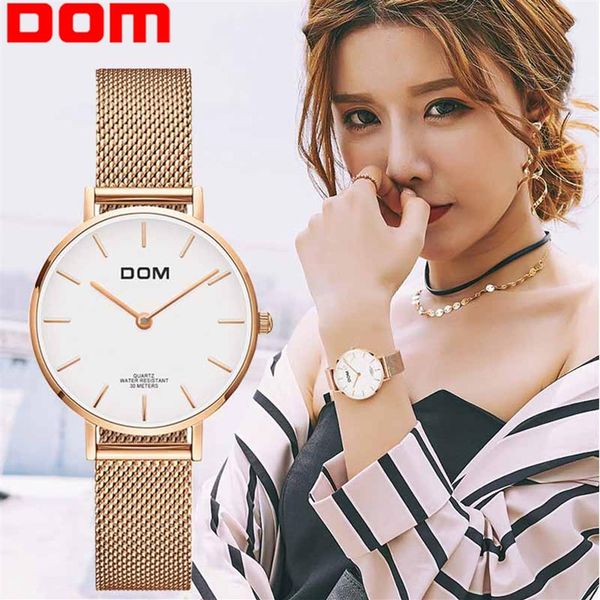 

watch women dom brand luxury quartz watch casual quartz-watch leather mesh strap ultra thin clock relog g-36g-7m1276d, Slivery;brown