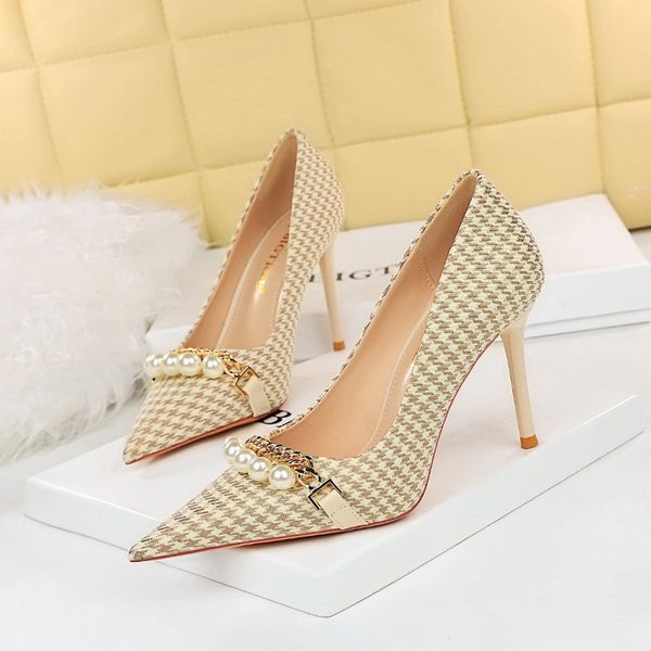 

women sandals dress shoes european and american style bird check high heels thin heels high heels shallow pointed pearl chain plaid female s, Black